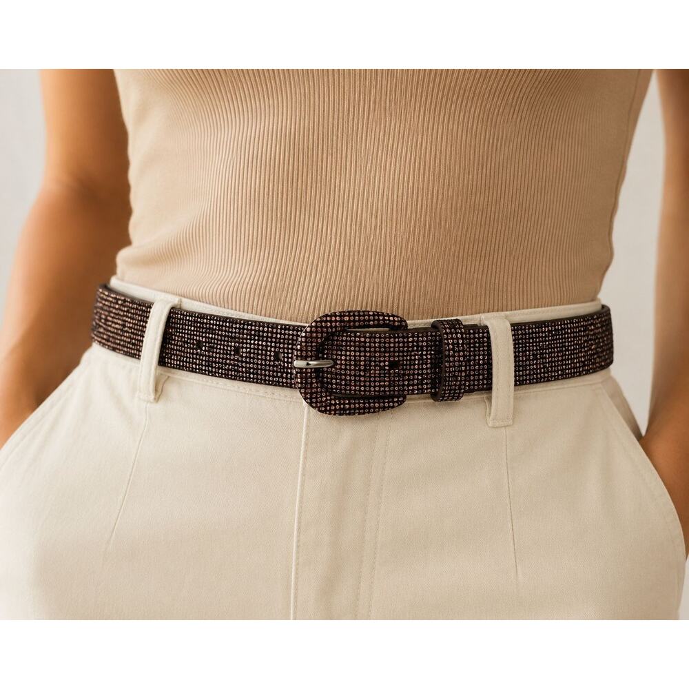 Women’s Bronze Glitter Rhinestone Belt Size Medium 1” Wide Sparkly Holes 23"-30"